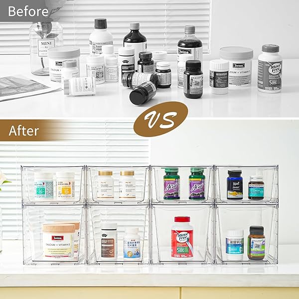 CLEMATE 6PACK STACKABLE KITCHEN STORAGE ORGANIZER, PANTRY ORGANIZERS AND STORAGE, CLEAR FOODS ORGANIZER BINS WITH HANDLES, EASILY ASSEMBLE FOR BATHROOM, KITCHEN, PANTRY, CABINET, CLOSET