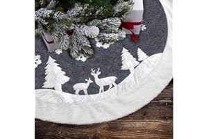 7FELICITY Christmas Tree Skirt, Fur Rustic White Xmas Tree Skirt,Snowy Christmas Trees Mat Decorations Indoors,Deer and Snowflake Pattern (36 inches, Two Deers)