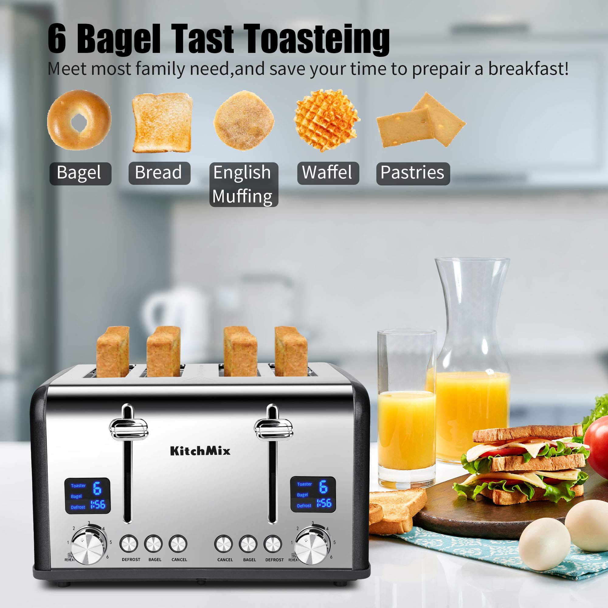 KitchMix Tostadora de 4 rebanadas, tostadora de bagel de acero inoxidable con temporizador LCD, ranuras extra anchas, pantalla doble, bandeja para migas extraíble (gris)
