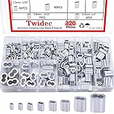 Twidec/320PCS 8 Sizes Aluminum Crimping Loop Sleeve M1.2-M6(3/64''-1/4'') Wire Rope Sleeve Cable Crimp Ferrules for Wire Rope and Cable Assortment Kit N-043-320PCS