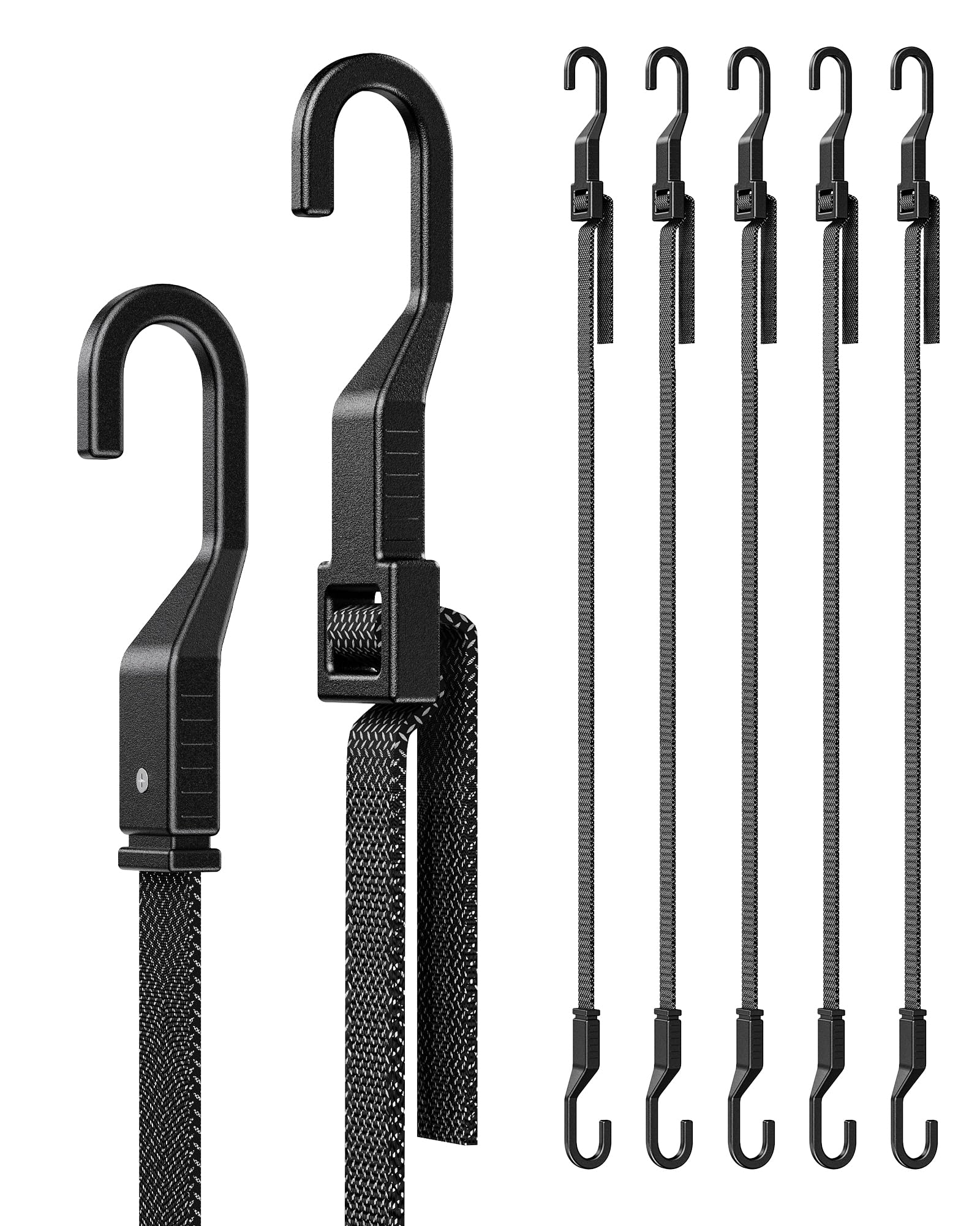 Photo 1 of 6 Pack 48" Flat Adjustable Straps with Hooks, 3X Faster to Adjust The Length, LuckyStraps Heavy Duty Bungee Straps for Cargo, Camping, Bike, Truck, Roof Rack, Motorcycle, Outdoor Use, Black