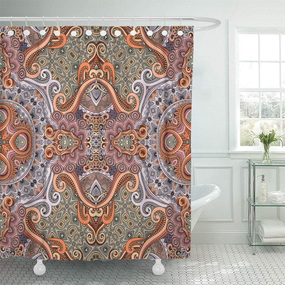 Shower Curtain Set Waterproof Adjustable Polyester Fabric Yellow Bohemian Abstract Ethnic Color Boho Doodle 60 x 72 Inches Set with Hooks for Bathroom