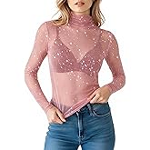 MANGOPOP Women's Glitter Mesh Top Long Sleeve Sexy See Through Sheer Stretchy Sparkly Going Out Tops