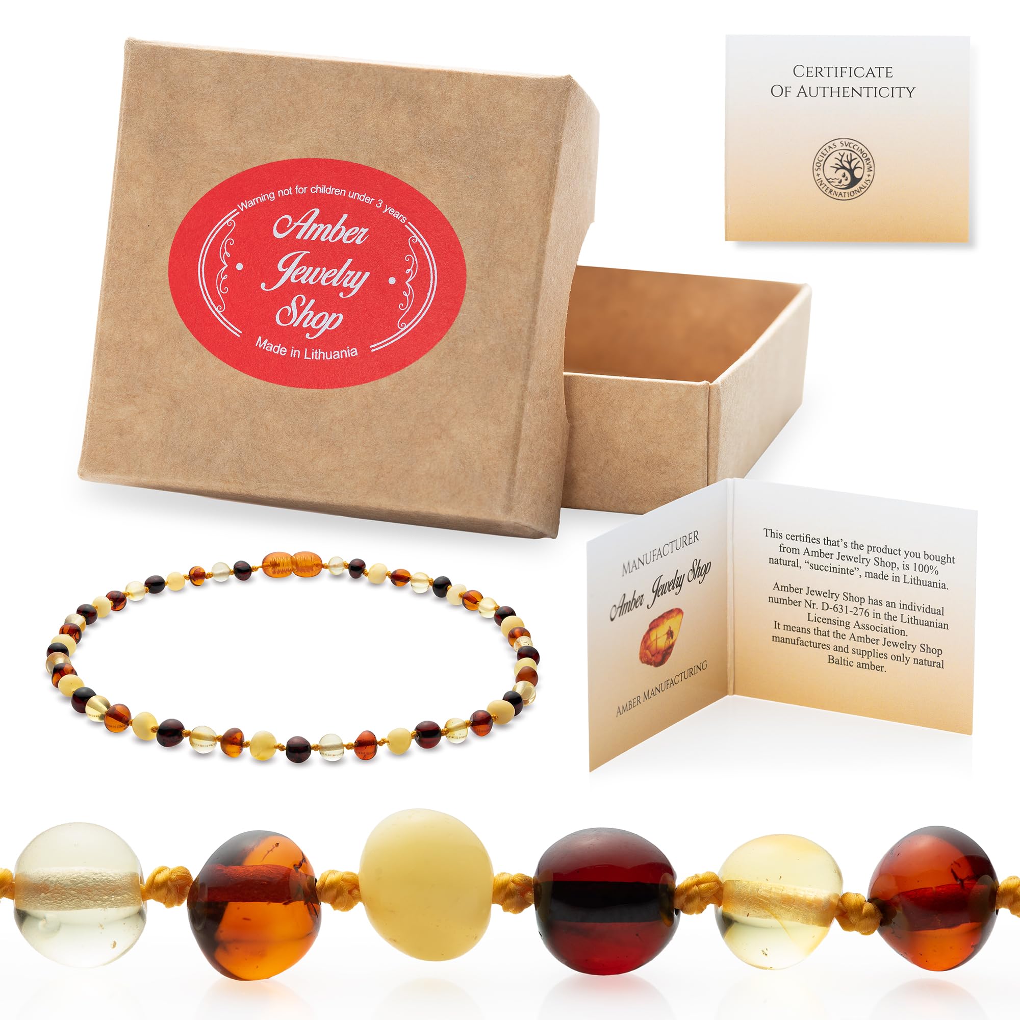 Natural Baltic Amber Necklace 13 inches - Knotted Between Beads- Polished Amber Beads- Multicolor