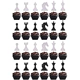 24pcs Black White Glitter International Chess Cupcake Topper , Intellectual Game & Birthday Cake Decorations (Chess)