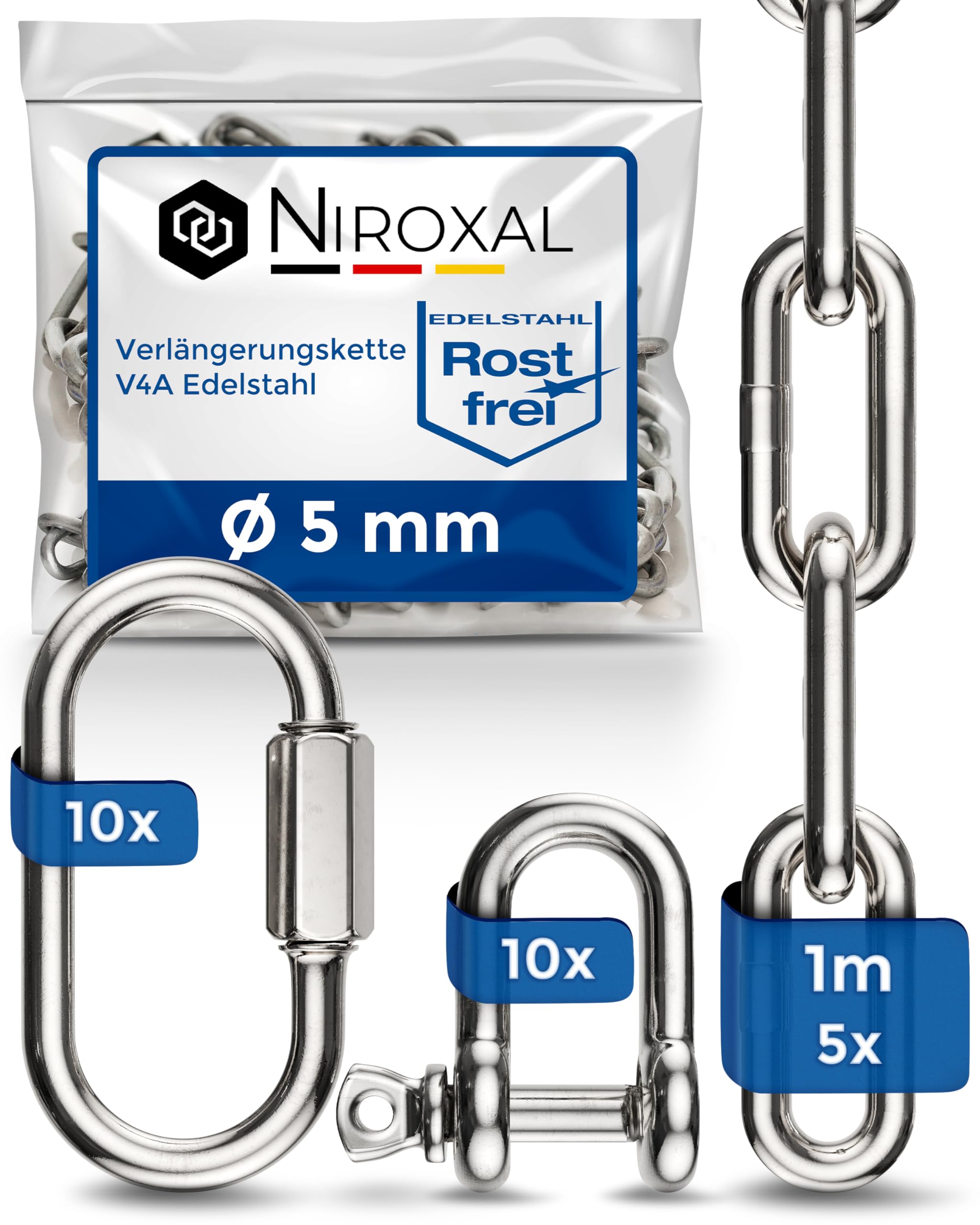 NietFullThings Heavy Duty Stainless Steel Extension Chain Set V4A 316 Hanging Chain Kit 5 mm Chain 1 m Includes Chain Shackle and Screw Link for Punching Bag Hammock Chair Ceiling Mount Pack of 5