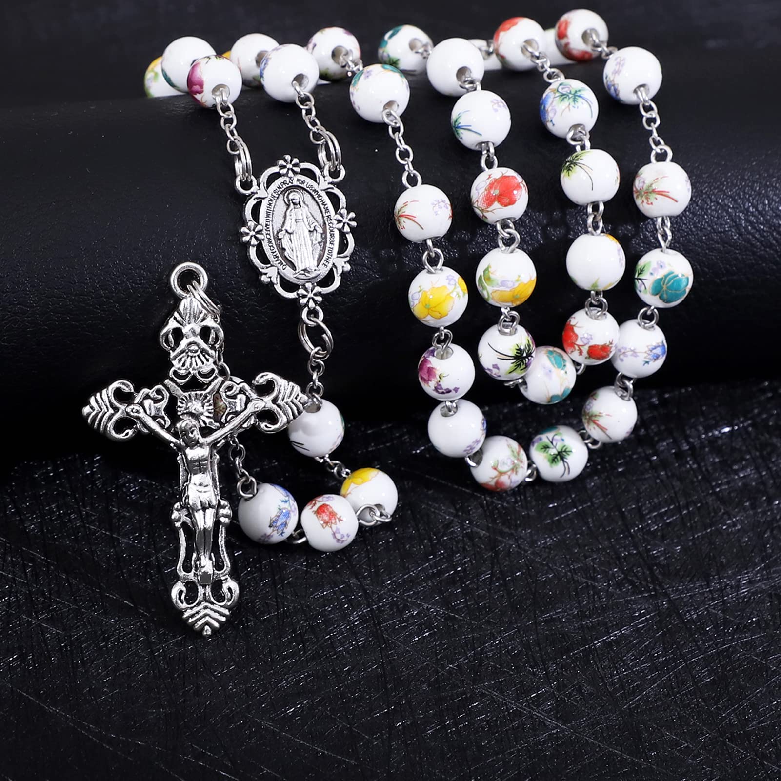 KOMI Rosary Beads Catholic for Women Gemstone Rosary Beads Necklace with Crucifix Cross Crystal Pearl Rosary Rosarios Catolicos Catholic Gifts