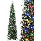 HMASYO 6 FT Pop Up Tinsel Christmas Tree with 100 Timer Lights &amp; Remote, Green Leaf Berries Collapsible Artificial Pencil Tree Xmas Decor for Home, Office, Party, USB Powered, Easy Assembly