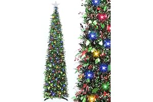 HMASYO 6 FT Pop Up Tinsel Christmas Tree with 100 Colored Timer Lights & Remote, Green Leaf Berries Collapsible Artificial Pencil Tree Xmas Decor for Home, Office, Party, USB Powered, Easy Assembly