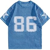 Verdusa Men's Jersey Shirt Y2k Tops Baggy Crochet Short Sleeve Letter Print Vintage Lightweight Pullover Sweater