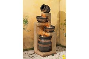 Stoneware Bowl and Jar Rustic Outdoor Floor Water Fountain 46" High with LED Light Cascading for Garden Patio Backyard Deck Home Lawn Porch House Relaxation Exterior Balcony - John Timberland