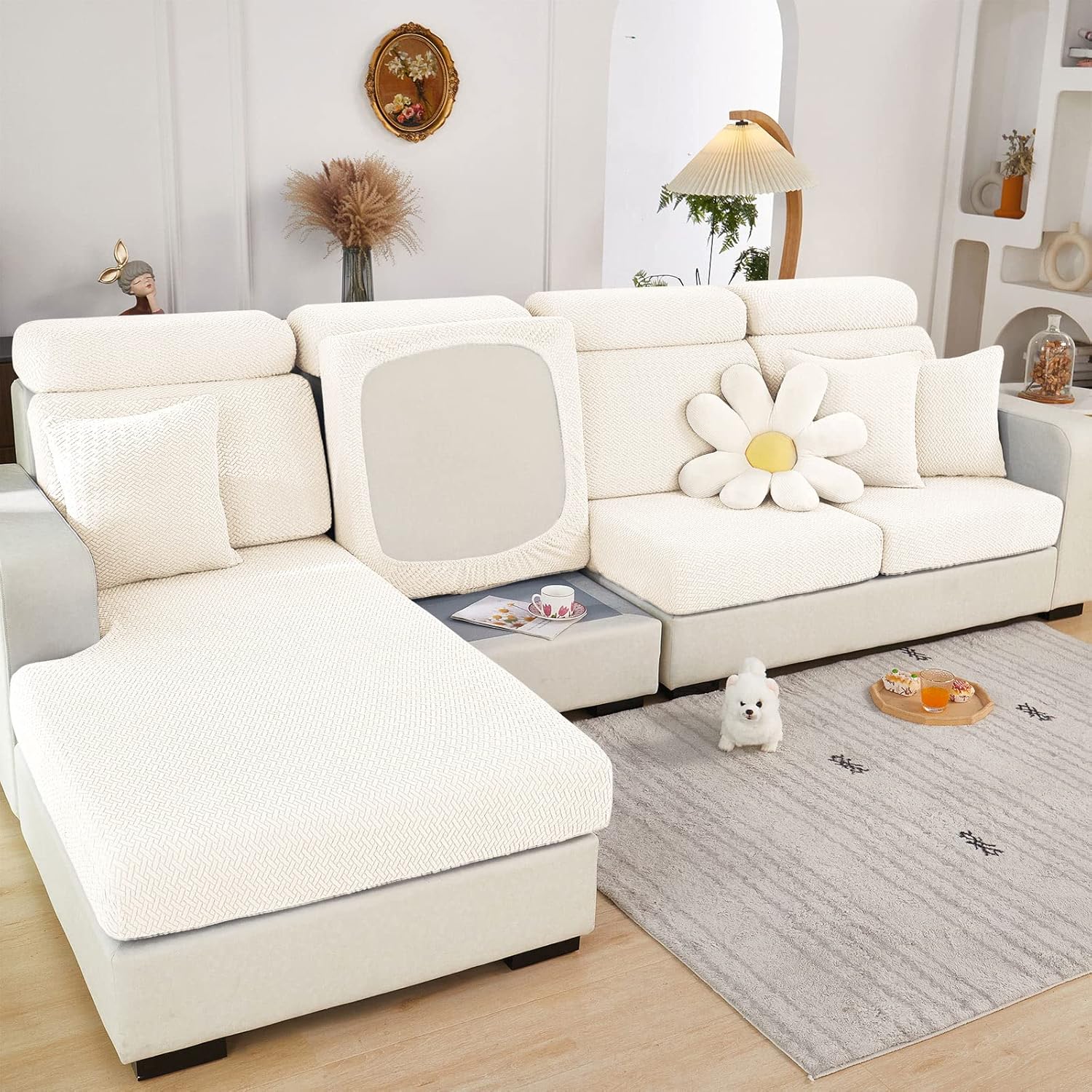 Slipcovers - 2023 New Wear-Resistant Universal Sofa Cover, Stretch Couch Cushion Slipcovers Replacement, Anti-Slip L Shape Sofa Covers, Chaise Lounge Sofa Slipcover (Weave White,Large Single Seat Cover)