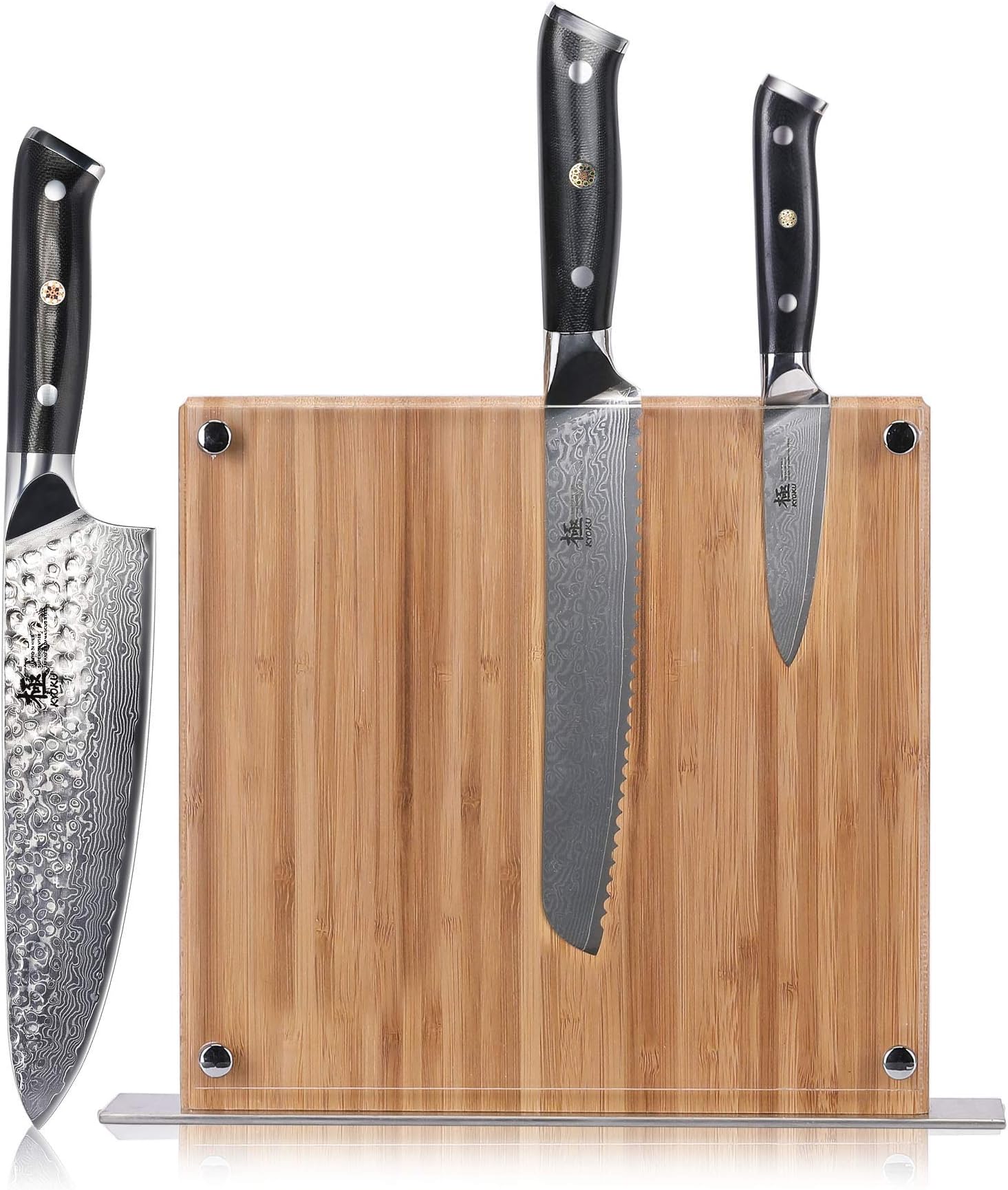 KYOKU Daimyo Series, 3-Piece Knife Block Set - Japanese VG10 Steel Damascus Blade - 8-Inch Chef Knife & 8-Inch Bread Knife & 3.5-Inch Paring Knife & Magnetic Bamboo Block