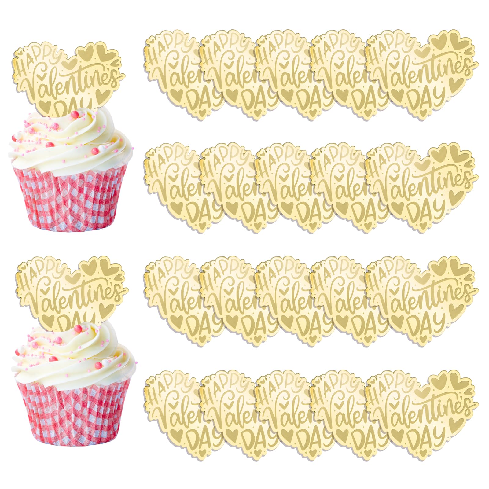 URROMA Love Gold Valentine's Day Happy Acrylic Cupcake Toppers, 20pcs Heart Cake Topper Valentines Cake Topper Acrylic Cake Party Heart Decorations for Valentines Day Wedding Anniversary