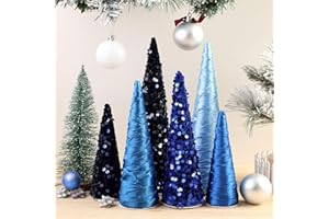 Anglechic 6 Pcs 10" 8" 6" Christmas Blue Cone Trees Decorations Glitter Velvet Cone Tree Centerpiece Christmas Blue Ornaments Table Centerpiece for Xmas Tabletop Crafts Wedding Party Room Decoration