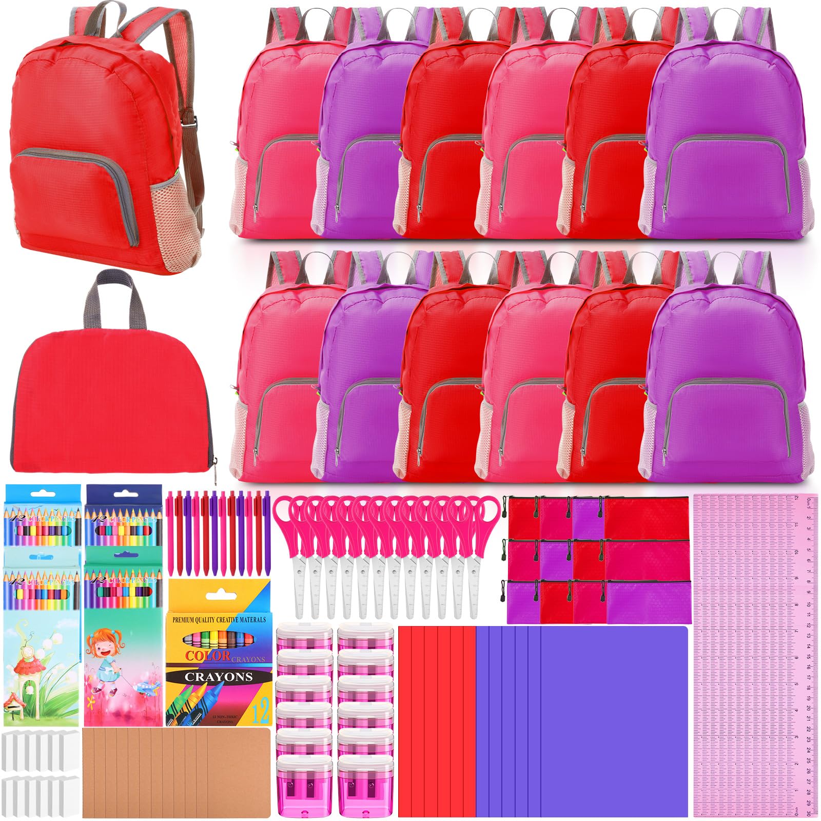Photo 1 of Dansydaisy 12 Sets 180 Pcs Bulk Backpacks with School Supplies Back to School Donations Bulk Essentials Includes Backpacks Notebooks Pencils Rulers Crayons Erasers Scissors and More(Bright Color)