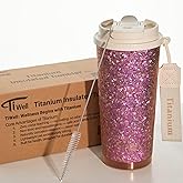 TiWell Titanium Coffee Tumbler – 17oz Travel Insulated Coffee Mug with Lid and Straw, Zero Coating and Metal Leaching for Health Safety, Fits in Car Cup Holder (Pink)