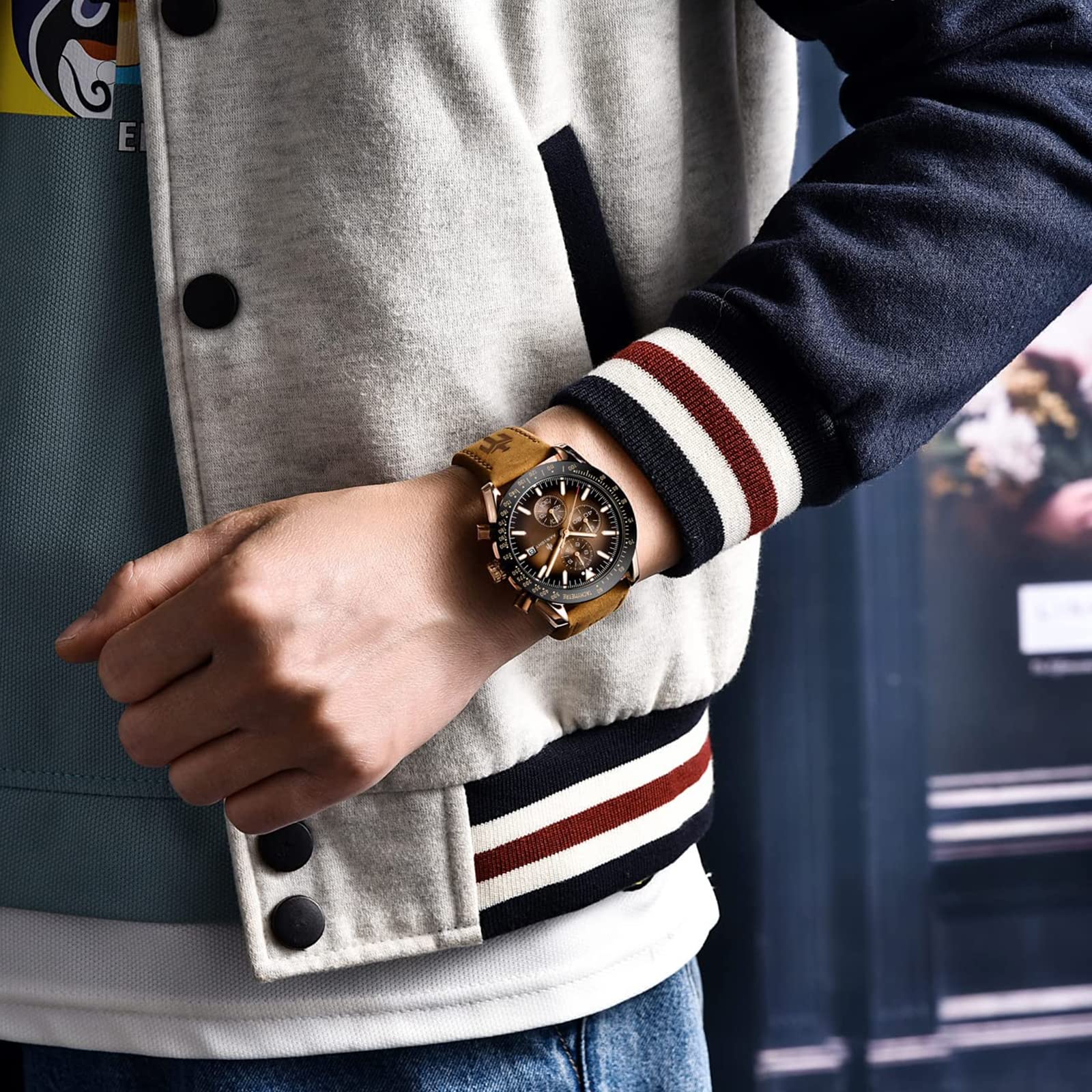 AKNIGHT Watch for Men Luxury Watches with Brown Leather Strap Timepiece Birthday Gift Wrist Watches, Luminous Sports Analog Quartz Movement Waterproof