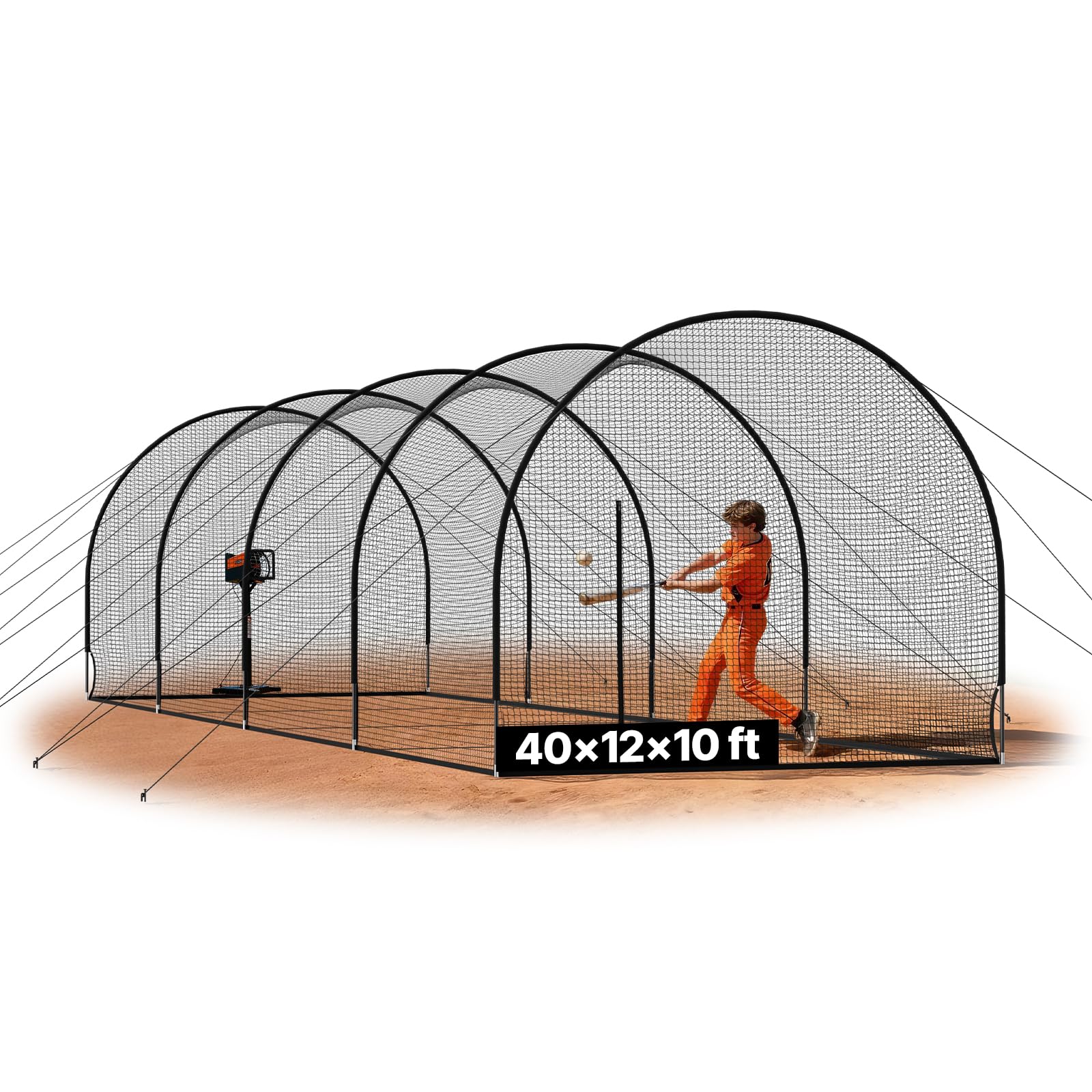 Photo 1 of VEVOR Baseball Batting Cage, 40.0 x 12.1 x 10.0 FT Fiberglass Portable Batting Cage, Hitting Cages with 4-Ply Knotless Polyester & Pitching Machine Opening, Battings Cages Netting for Indoor Outdoor
