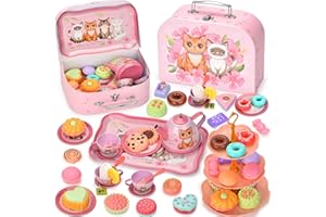 Lajeje Cat Tea Party Set for Toddlers & Little Girls Ages 3-6 – Pretend Play Toy & Birthday Gift, Includes Kitten Tin Tea Set, Desserts & Carrying Case