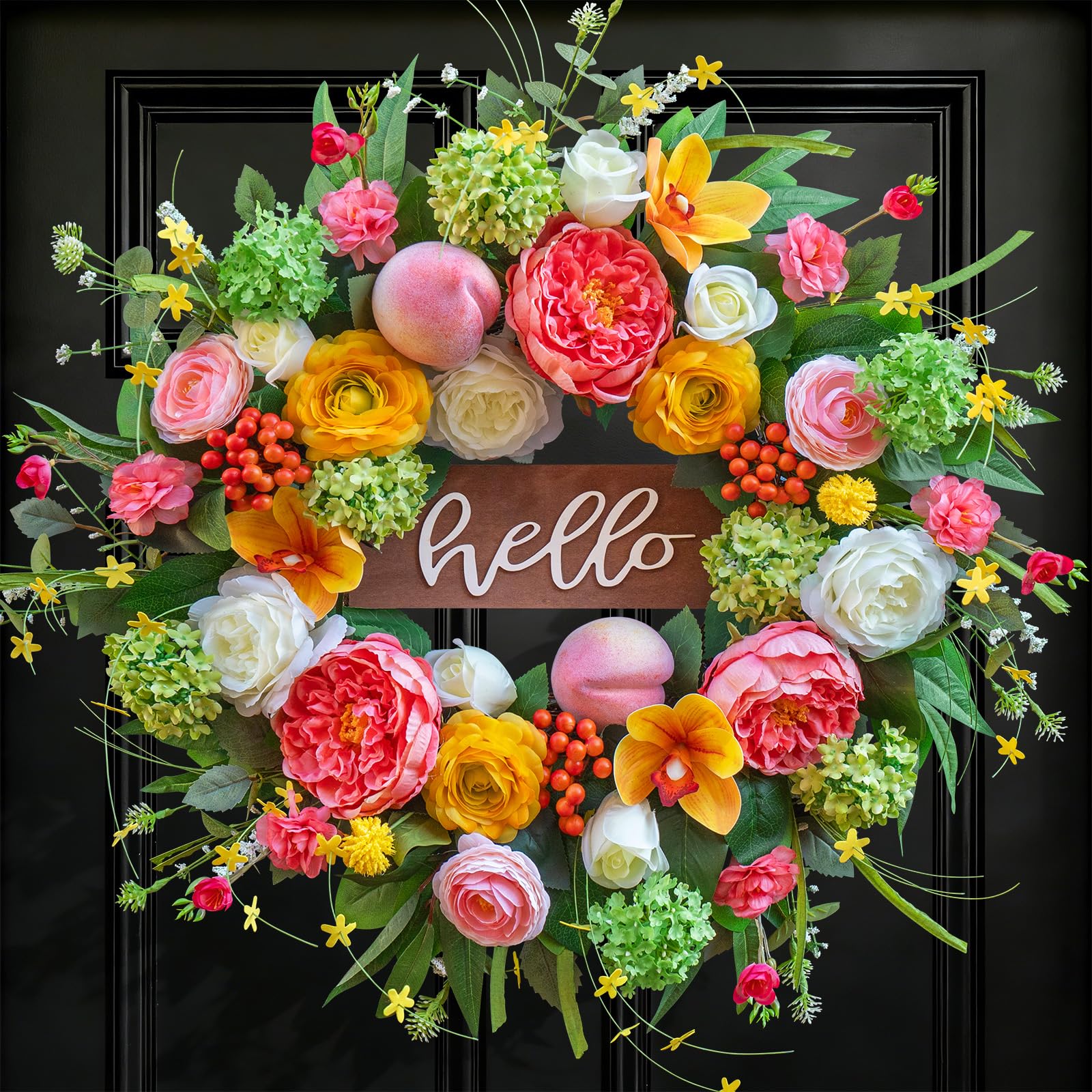 spring wreath for front door, 24 inch artificial spring and summer wreath with peony, rose, orchid,