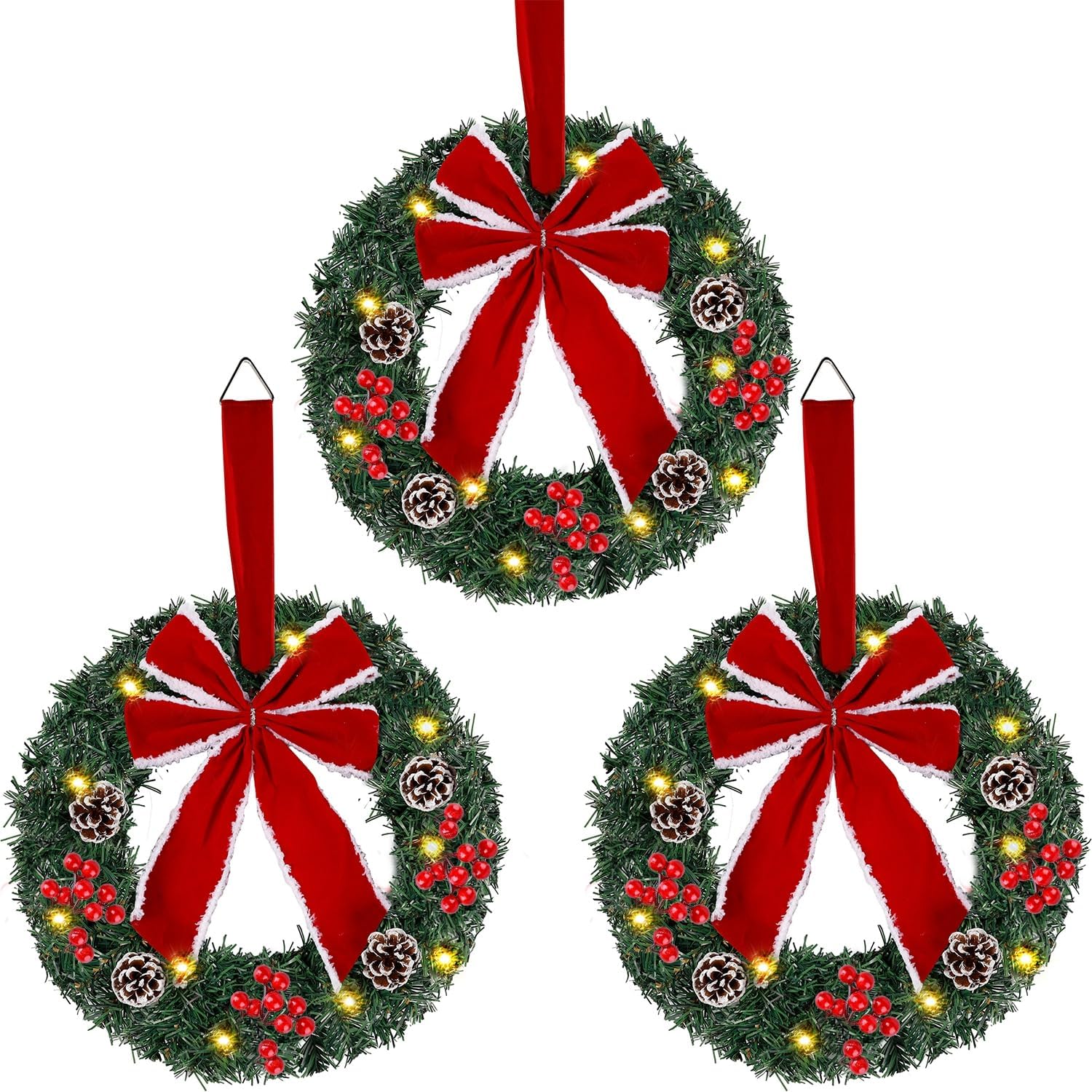 Wreaths, Garlands & Swags - Hausse Set of 3 Christmas Wreaths, Lighted Artificial Christmas Wreath with LED Lights & Large Red Bow Ornaments, 8 Modes & Timer, Battery Operated for Front Door Gate Wall Xmas Party Decorations