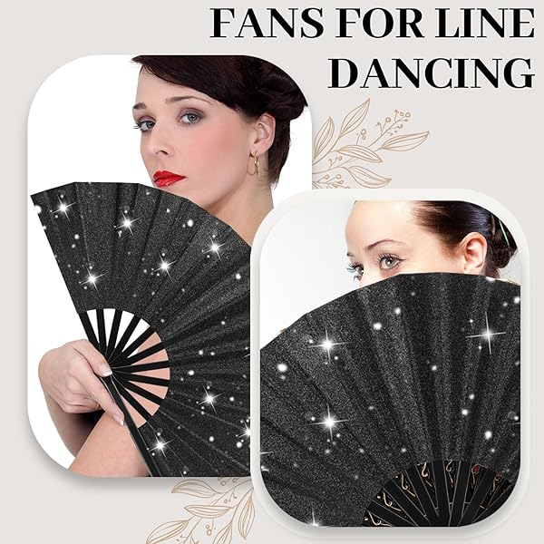 ATTRACME 8 PCS LARGE GLITTER FOLDING FANS BULK WITH SLEEVES FOR LINE DANCING, 13-INCH GLITTERY BLACK CLACKING FAN POPPING FANS, LINE DANCE RETRO FOLD FAN FOR FESTIVALS, PARTIES-BLACK