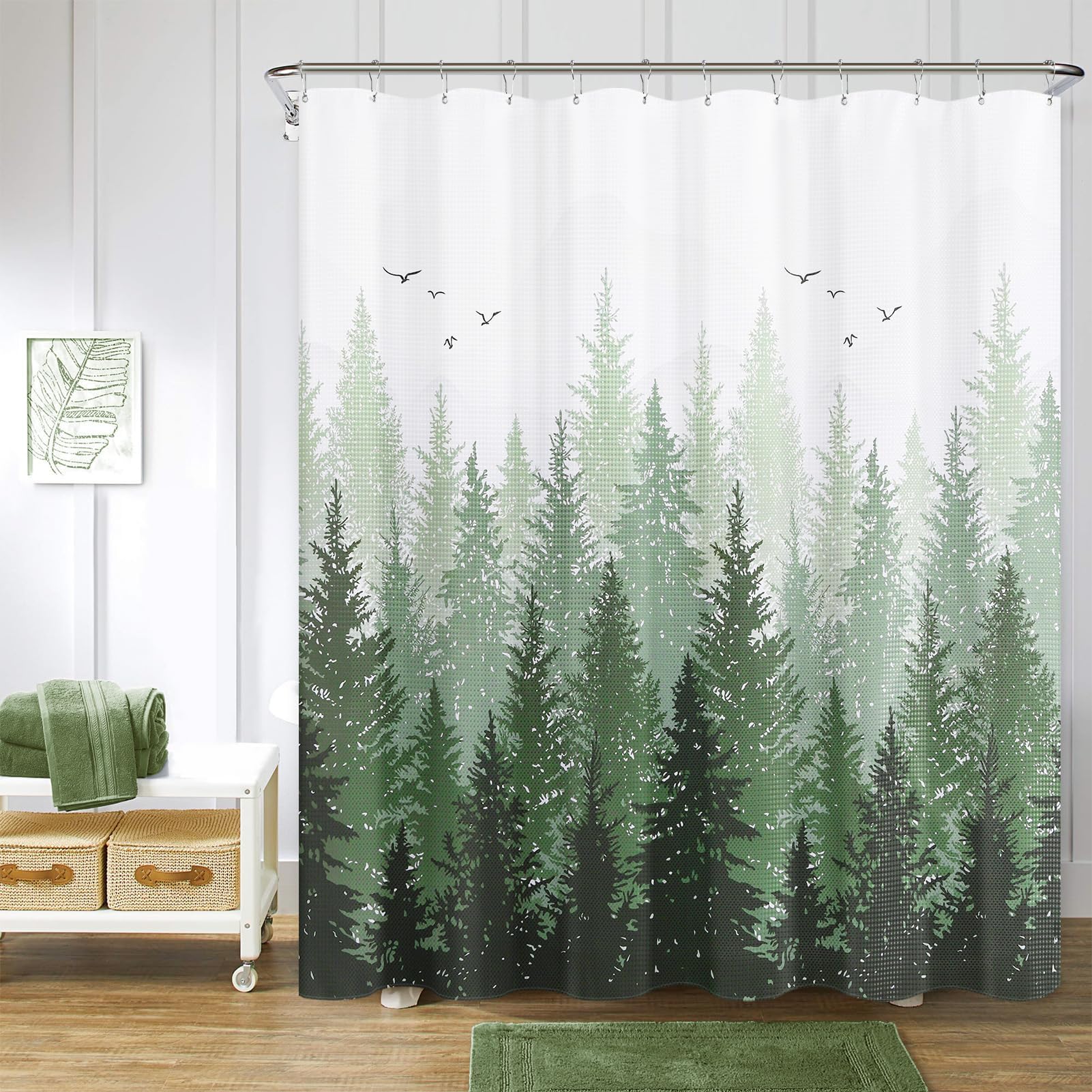 Photo 1 of Hokibero Olivie Green Misty Forest Mountain Nature Tree Fabric Shower Curtains for Bathroom Waterproof Heavy Duty Green and White Woohitedland Shower Curtain Bathtubs Hotel, 72 x 84 inch