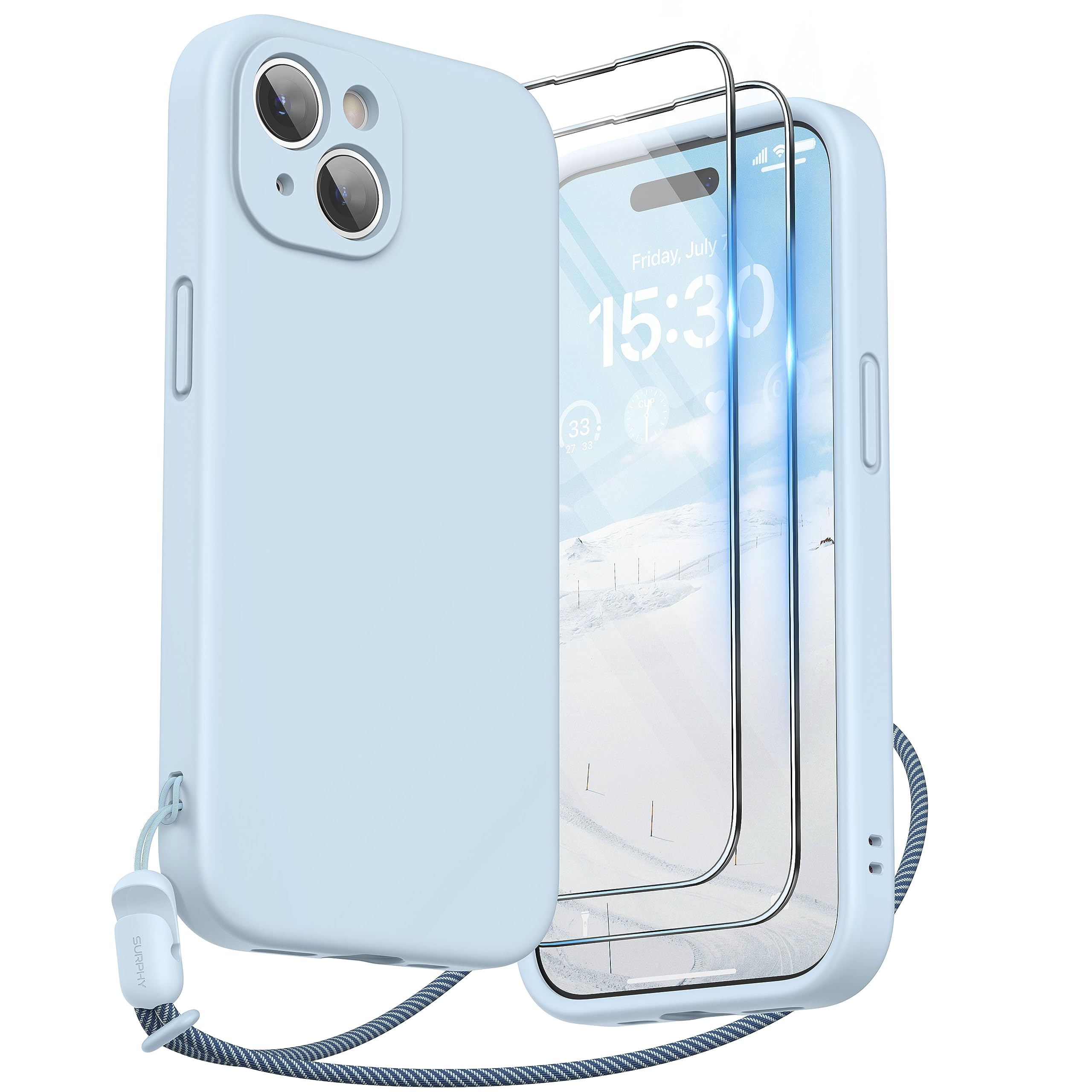 SURPHY Design for iPhone 15 Case, Liquid Silicone Protection for Each Lens [2 x Screen Protectors & 1 x Lanyard] Shockproof Cover for iPhone 15 6.1 inch 2023, Cloud Blue
