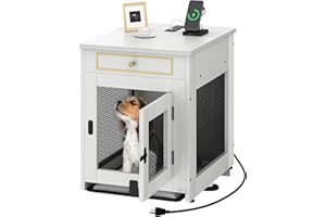 DWVO Dog Kennel Furniture with Dual USB Charger, Dog Crate End Table with Tray, Wooden Dog Crate Furniture with Cushion for Small Dogs, White