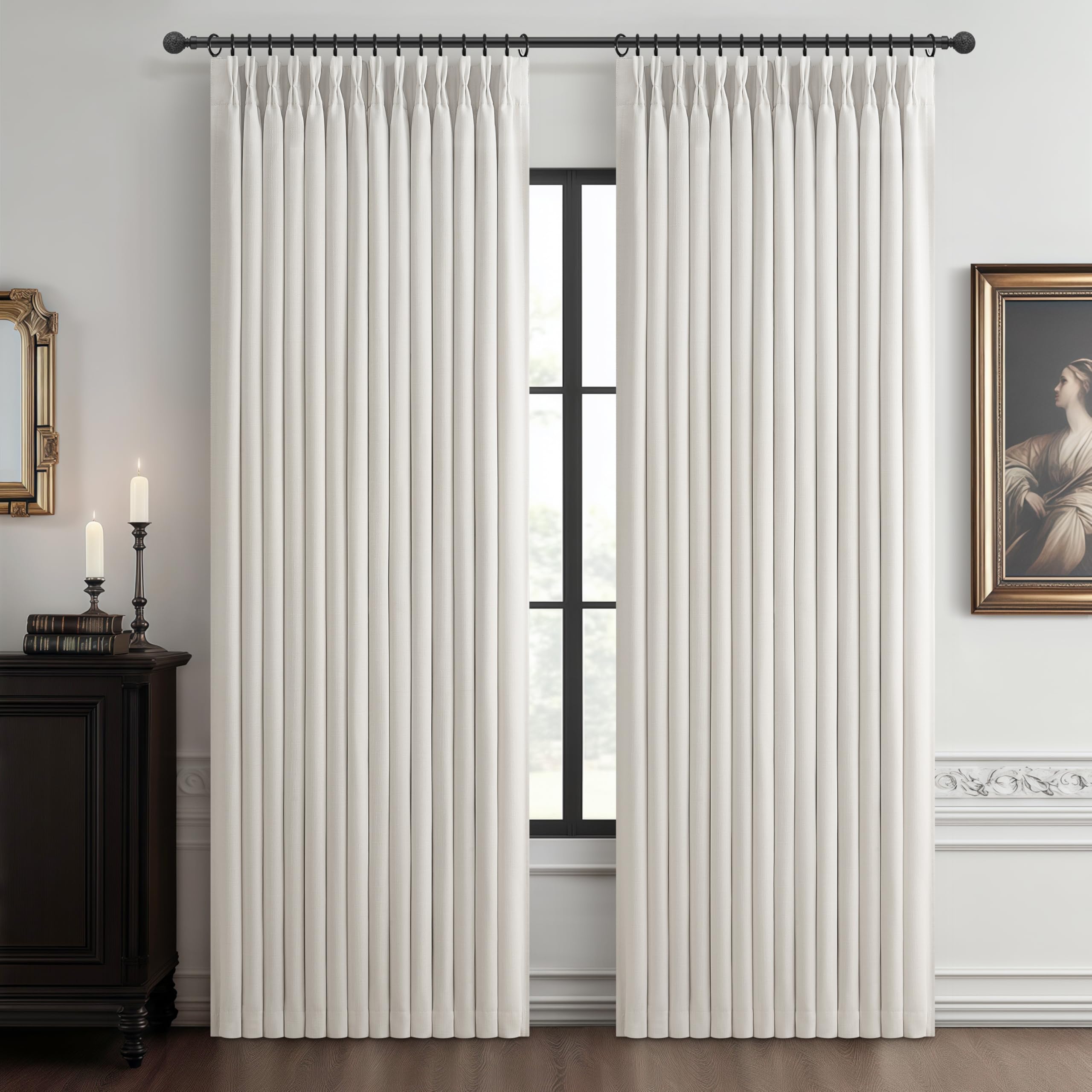 Photo 1 of Pleat Viral Linen 90 Inch Blackout Curtains for Bedroom, Pinch Pleated Soundproof Privacy Farmhouse Window Drapes Decor with Hooks Neutral Beige White Nursery/Kids Room Darkening Burg 2 Panels Set