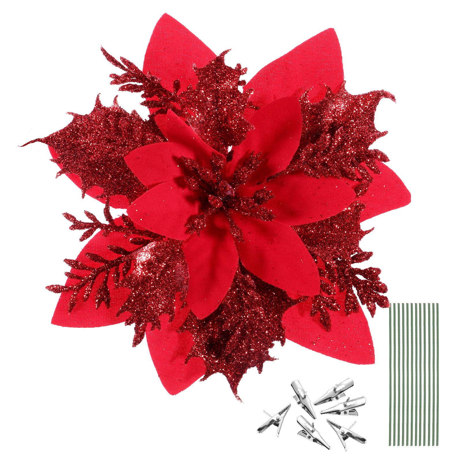 Toyvian Christmas Poinsettia Flowers - 12Pcs Xmas Red Glitter Artificial Flower with Stems & Clips, Tree Decorations Ornaments Party Supplies for New Year (05G0737EIFCA15AUHTP7)