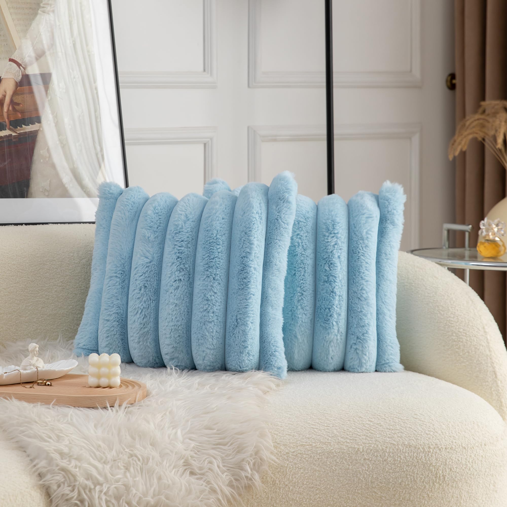 Photo 1 of Neelvin Blue Faux Fur Cozy Soft Striped Decorative Throw Pillow Covers 24x24 inch Set of 2,Velvet Pillowcase Cushion Case for Sofa Couch