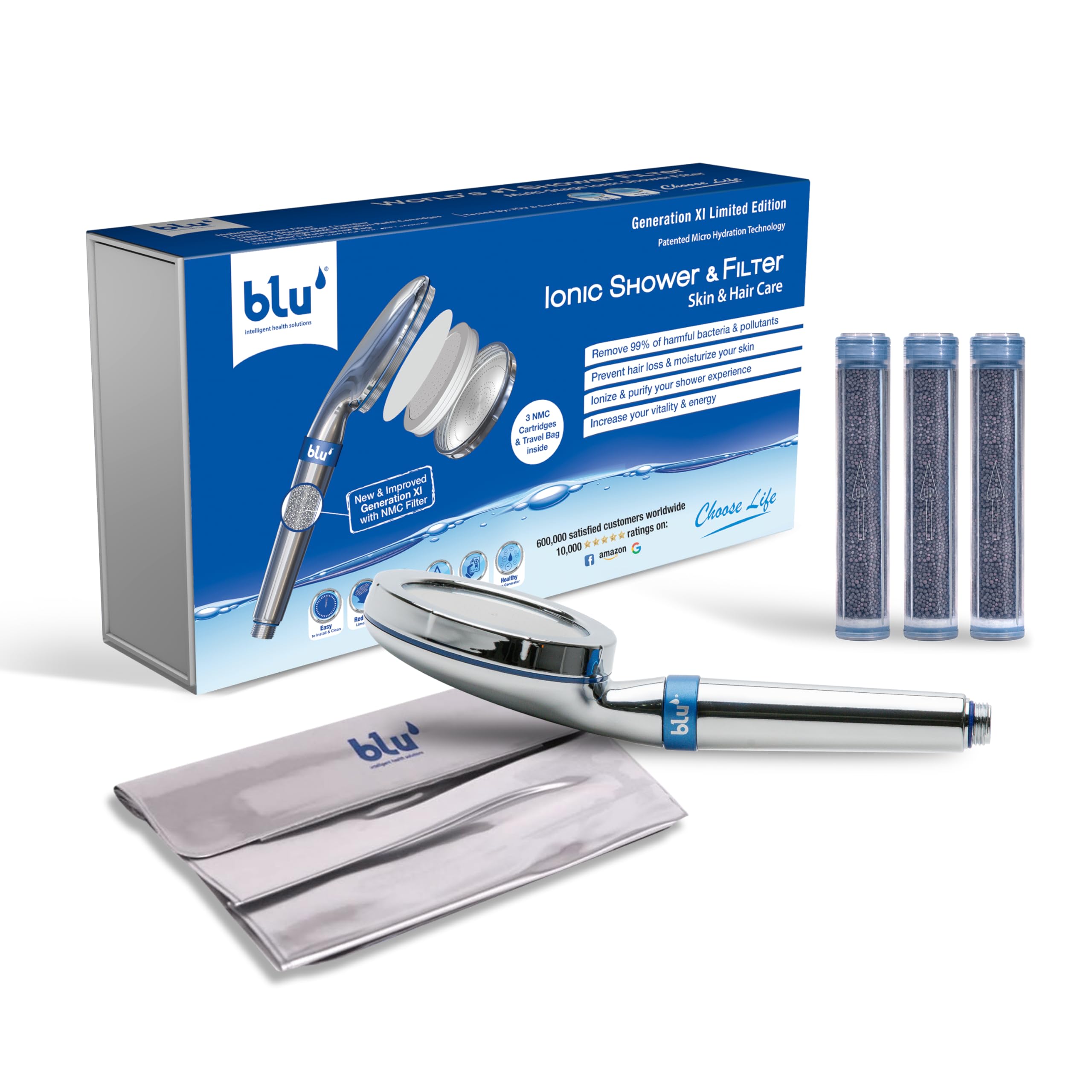 Blu Ionic Shower Filter - Skin & Haircare - Removes Chlorine & Harmful Pollutants - Prevent Hair Loss & Moisturize Your Skin (Handheld)
