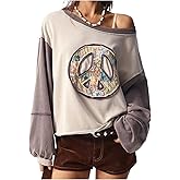 BEAUDRM Women's Oversized Boho Graphic Sweatshirt Patchwork Crewneck Sweatshirt Long Sleeve Fall Pullover Tops