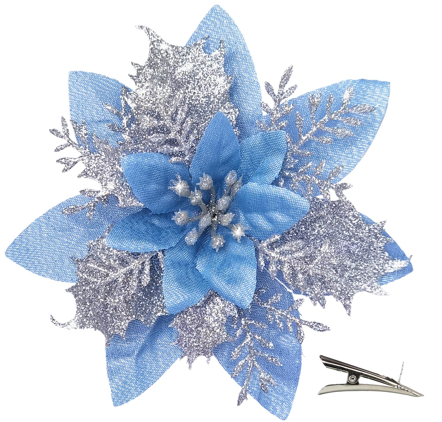 MIKAILE 20PCS Christmas Flowers Artificial with Clip, Poinsettia Christmas Decorations with Glitter for Tree Decorations Garland Wreaths DIY Christmas Ornaments (Silver Blue)