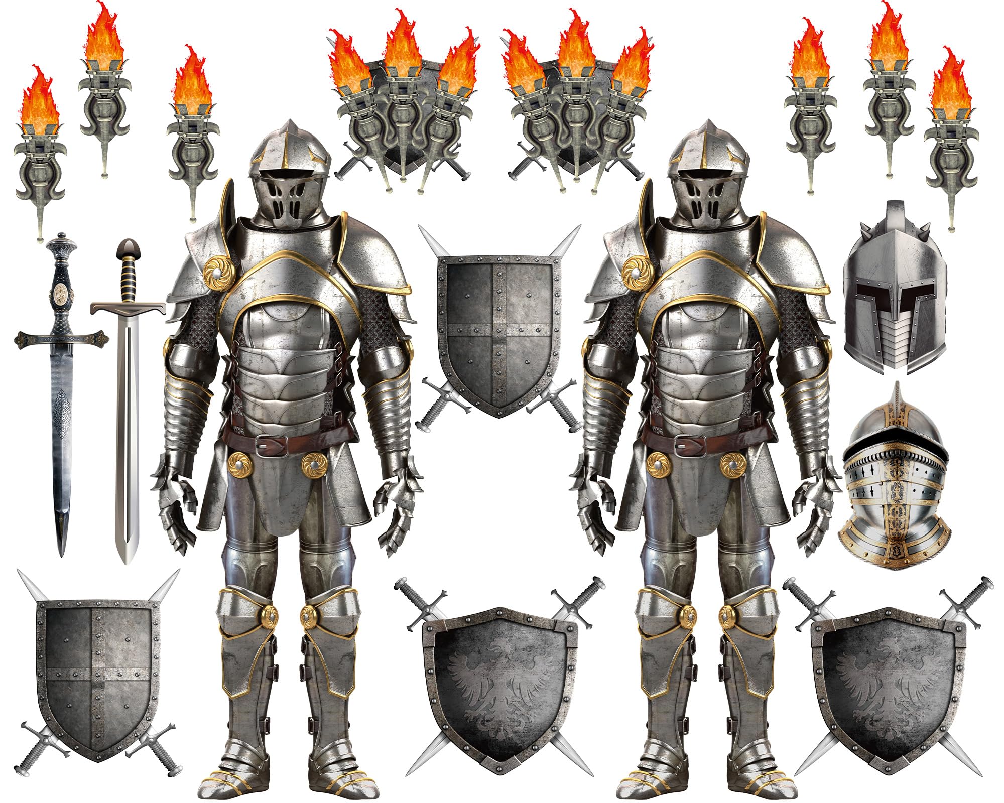 Photo 1 of 30 Pieces Medieval Party Decorations 6 Feet Jointed Suit of Armor Knight Cut Out Torch Props Medieval Shield Photo Prop for Birthday Halloween Medieval Renaissance Knight Castle Party Wall Decoration