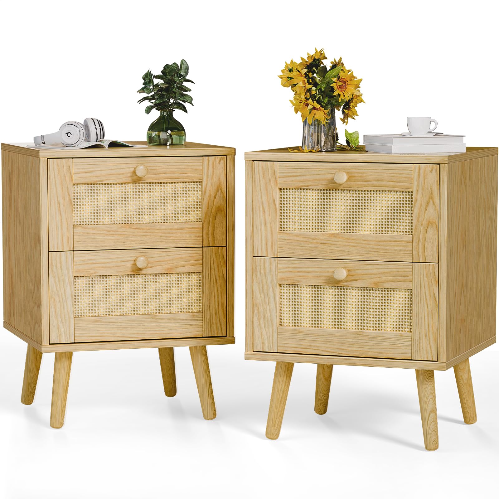 Photo 1 of *****FACTORY SEALED****
infurnic Rattan Nightstand, End Table, Nightstands Set of 2, Side Table with 2 Hand Made Rattan Decorated Drawers, Wood Night Stand Beside Table with Storage for Bedroom, Natural, 2 Pack