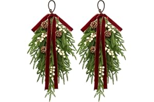 nuvagiki Christmas Teardrop Swag Decorations, 24'' Christmas Teardrop Wreath Artificial Pine Needle Berries Hanging Decor, Red Velvet Bow Swag Decorations for Front Door Mantle Wall Indoor Home Decor