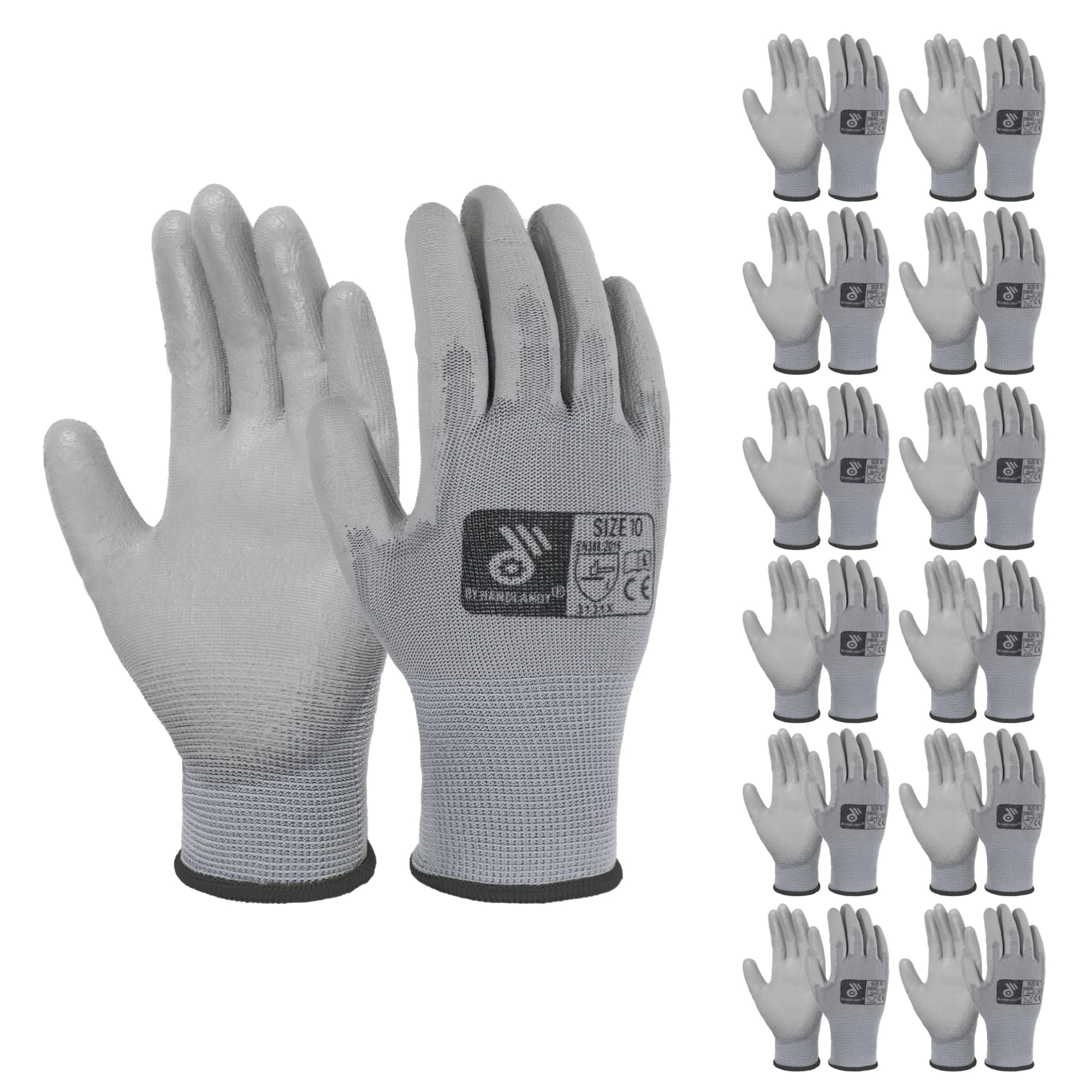 HANDLANDY 12 Pairs PU Coated Nylon Black Protective Work Gloves, Non-slip Flexible Gloves for Construction, Warehouse, Gardening (Grey, X-Large)