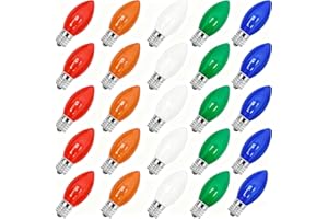 Abeja 25 Pack Multicolor Christmas Lights Replacement Bulbs C9 Vintage Incandescent Ceramic Bulbs E17 Socket Base 7w for Xmas Holiday String Lights Outdoor Indoor Party Decorations