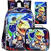 CCJPX 3PCS Dinosaur Backpack for Boys, 16 Inch Kids Water Resistant Preschool Bookbags with Lunch Box, Cool School Bag for Kindergarten Toddler