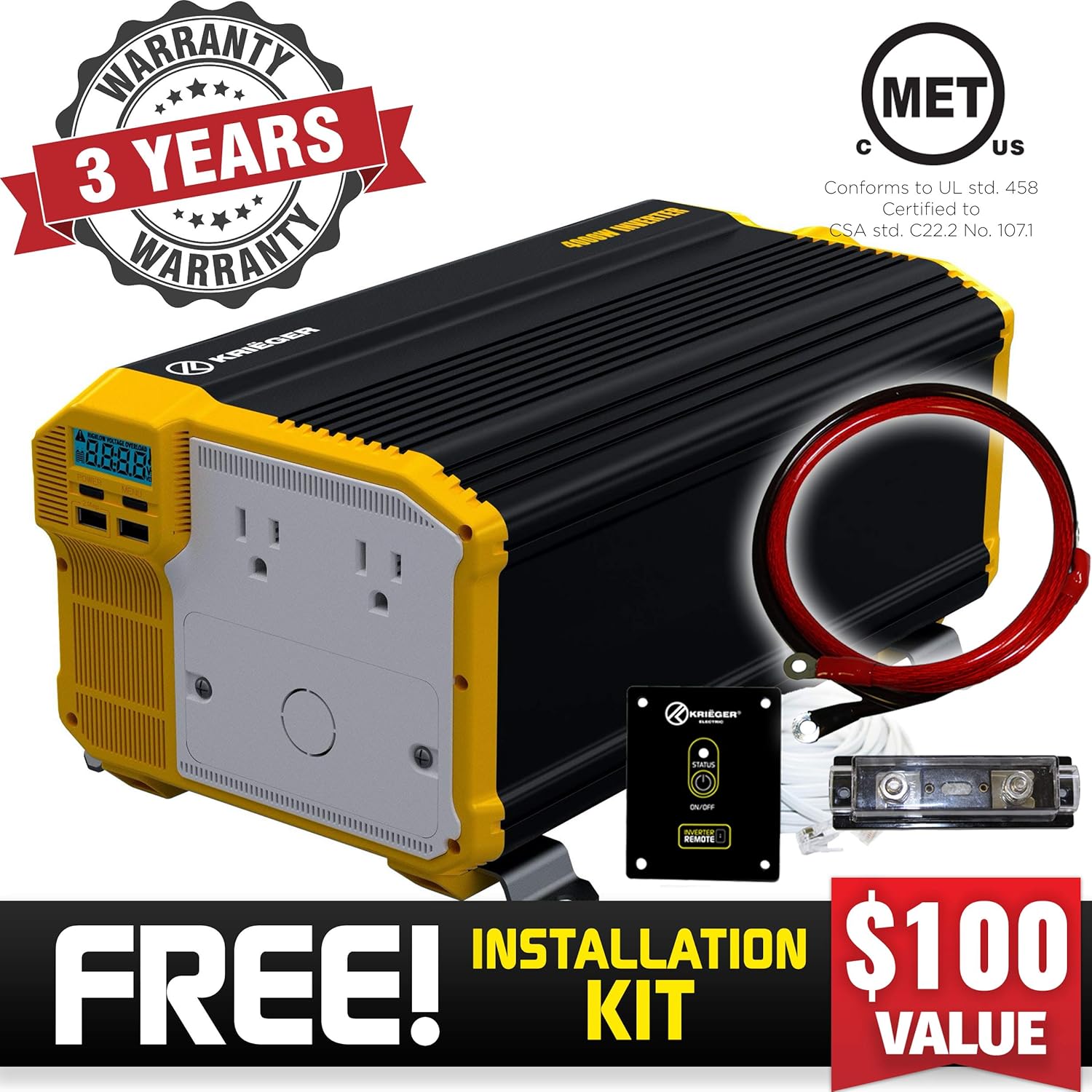 KRIËGER 1100 Watt 12V Power Inverter Dual 110V AC Outlets, Installation Kit Included, Automotive Back Up Power Supply For Blenders, Vacuums, Power Tools MET Approved According to UL and CSA.