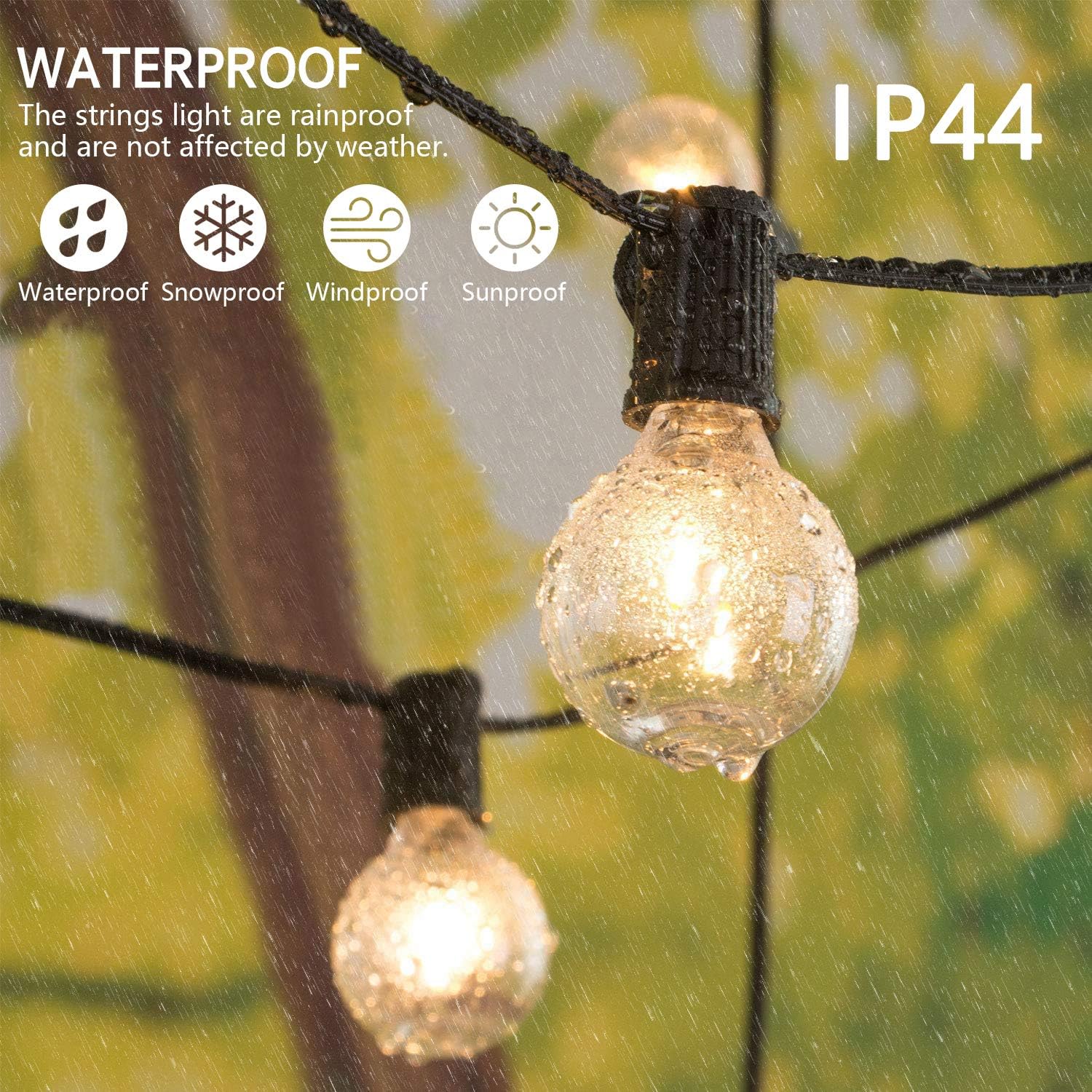 Outdoor String Lights, Yuusei 100Ft G40 Patio Lights with 55 5W Clear Globe Bulbs (5 Spare), IP44 Waterproof Backyard String Light with E12 Socket Base, for Balcony Porch Deck, UL Listed - - 