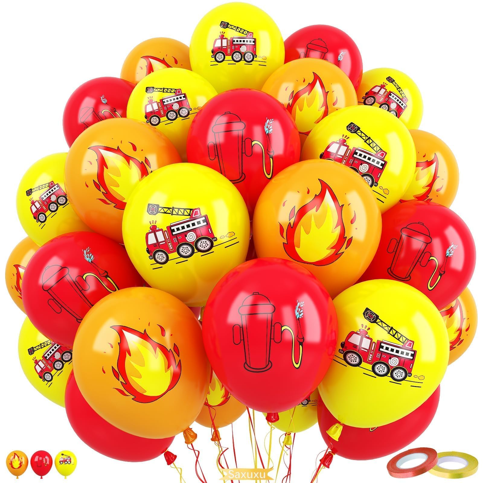 Firetruck Balloons, 60Pcs 12 Inch Orange Red Yellow Fire Truck Party Latex Balloons for Kids Boy Girl Firefighter Birthday Fire Engine Party Decorations Baby Shower Transportation Party Supplies
