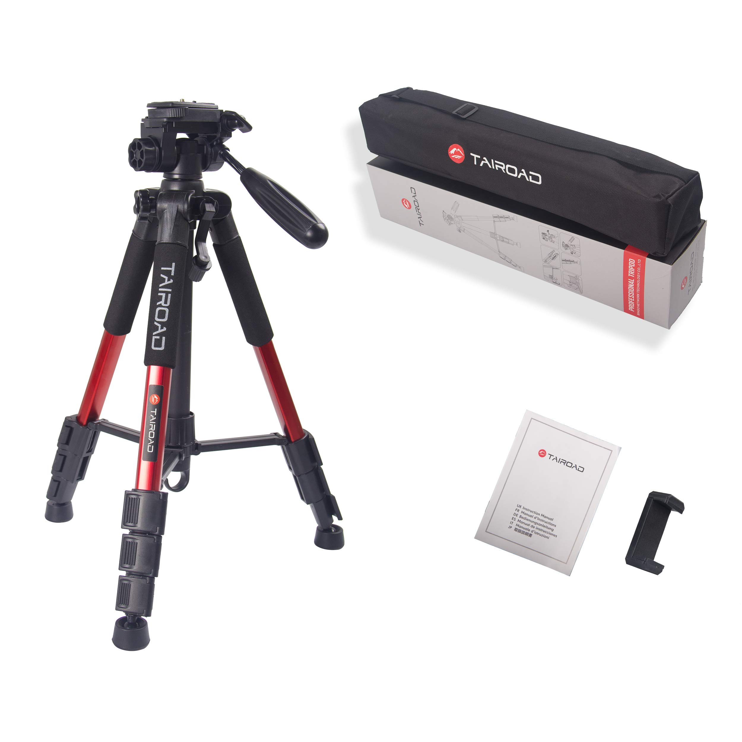 Treppiede per macchina fotografica - Treppiede Tairoad 140cm leggero con clip per cellulare e piastra a sgancio rapido per fotografia, Live Show - Rosso