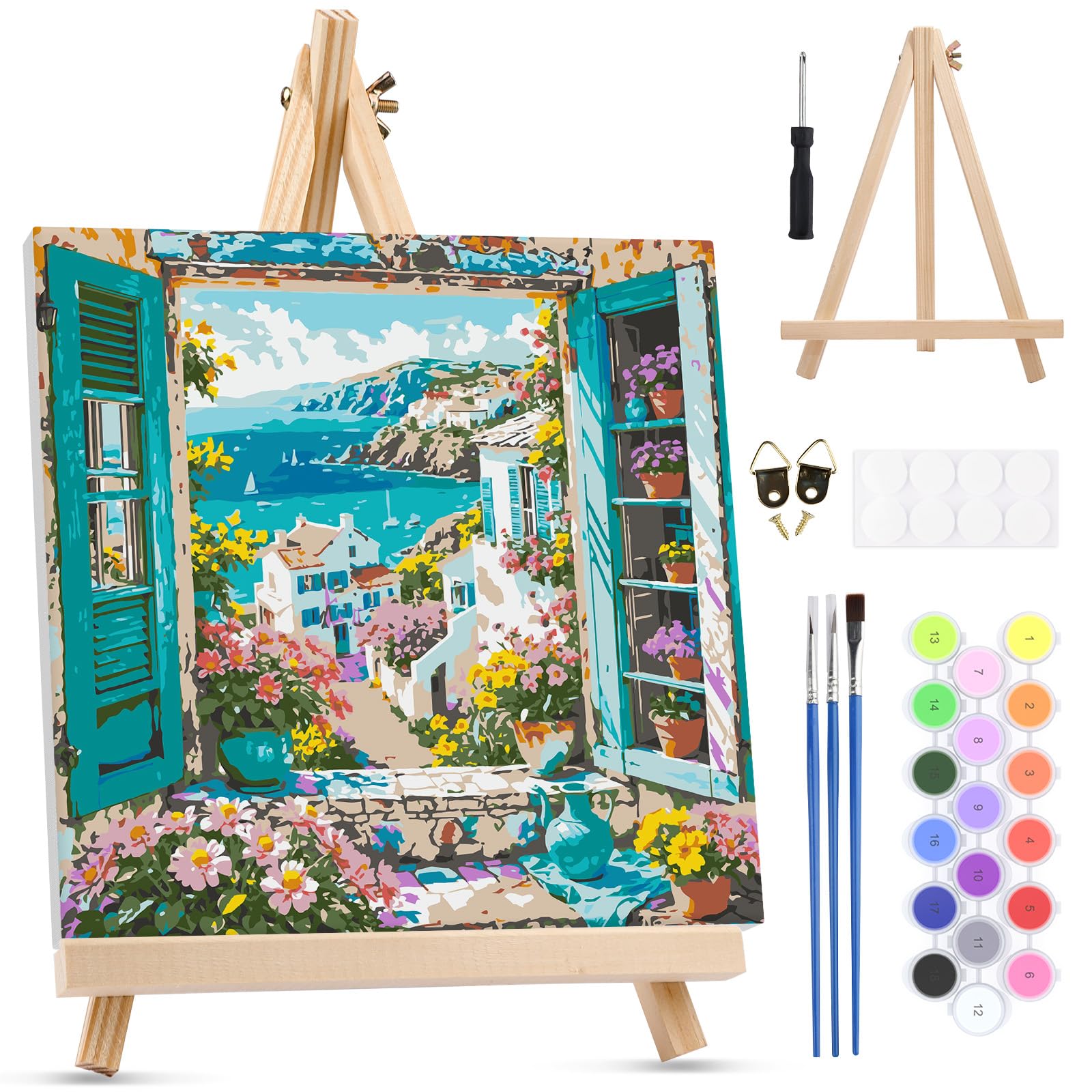 MXJSUA Window View Framed Paint by Numbers Kit for Adults Beginner with Wooden Easel, Adults' Paint-by-Numbers on Canvas, Easy DIY Acrylic Number Painting for Home Decor Gifts, 25x25cm