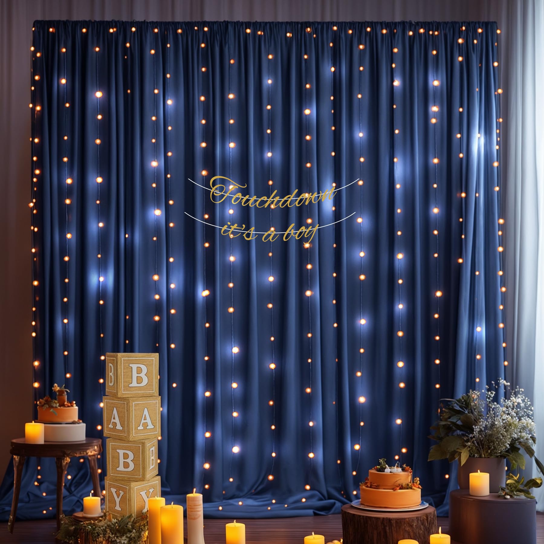 Photo 1 of 10x10ft Navy Blue Backdrop Curtains with Lights Wrinkle Free Fabric Backdrop Curtain for Wedding Birthday Party Baby Shower Photo Shoot Bridal Shower Home Party Background Decorations
