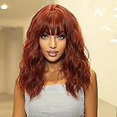 joyhoney Ginger Red Bob Wig For Women Heat Resistant Synthetic Shoulder Length Loose Wavy Wig With Bangs Curly Bob Wigs Medium Length 14inch (Ginger Red Color)
