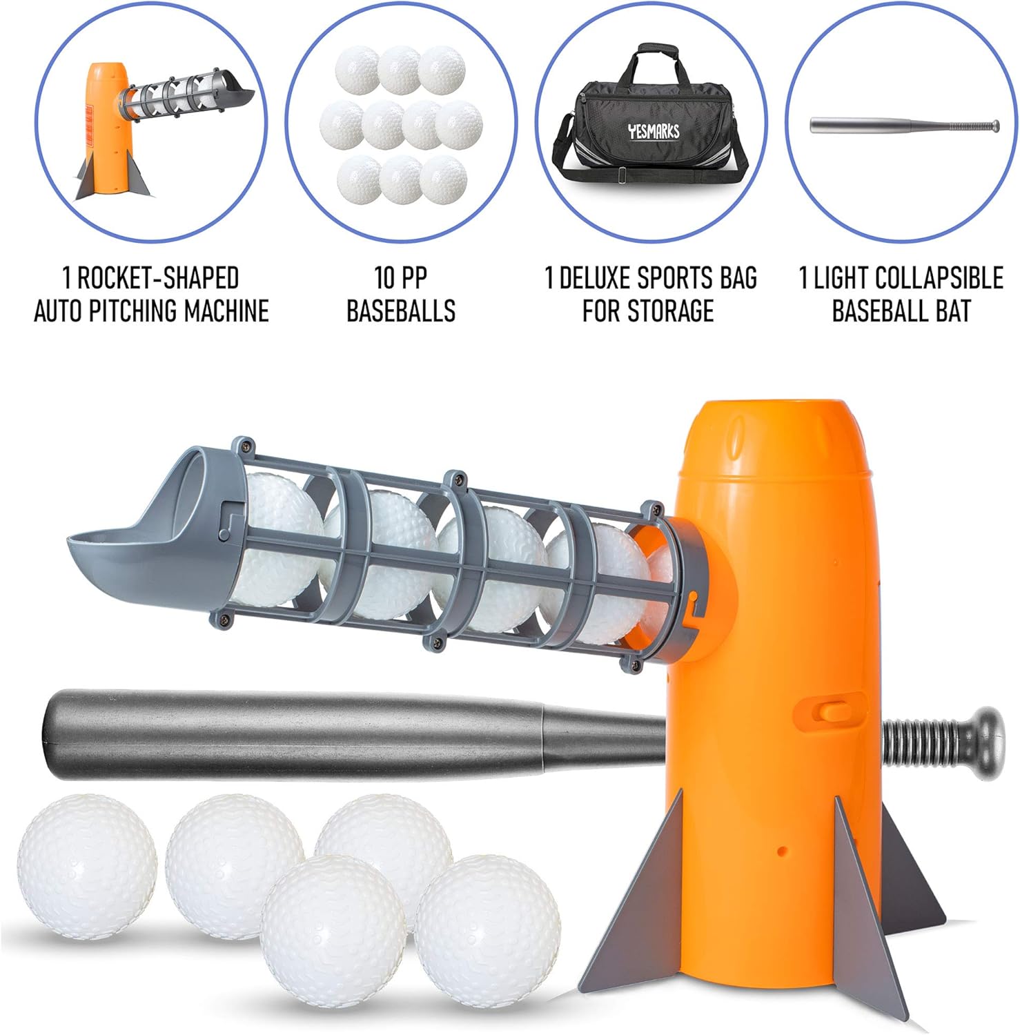 YESMARKS Kids Auto Baseball Pitching Machine Outdoor Toy Set - Training Equipment & Practice Toys for Children - Operated Automatic Pitcher, Collapsible Plastic Bat, 10 PP Baseballs, Sports Bag: Toys & Games